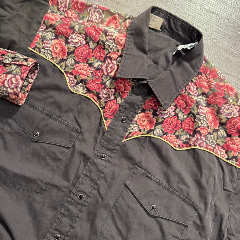 VTG Karman Western Shirt Mens XL Black Floral Rose Yoke Pearl Snap Cotton Cowboy